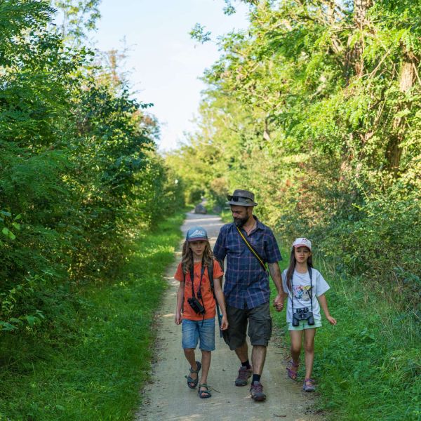 Famille marchant sur le sentier de la Maison de la nature à Hirtzfelden